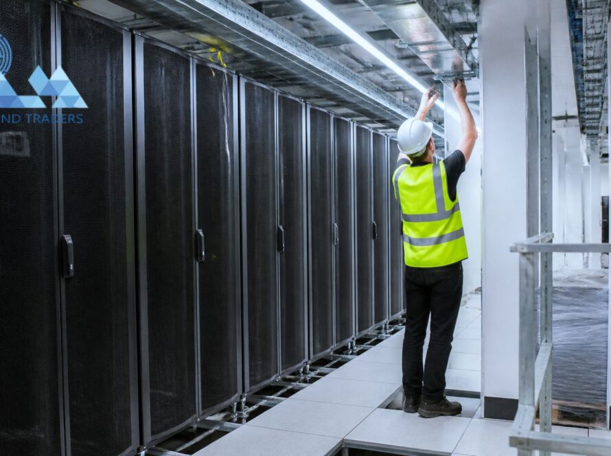 Richmond Traders engineer installing overhead cable tray above server racks during a London data centre fit-out